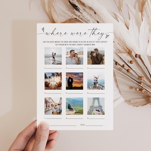 Wo waren sie Brautdusche Spiel, minimalistische Foto Guessing Spielkarte, druckbare Paare Duschspiel, Canva editierbarer Download 5x7 8x10