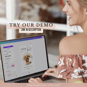 May include: A laptop screen displaying a mockup of a printable sign that says "Open Bar" with a cute dog illustration. The sign is part of a Canva design template. The text "Drinks are on me!" is also included on the sign.