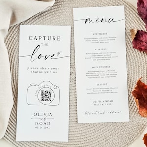 Minimalistyczny szablon menu weselnego, karta z kodem QR Capture the Love, udostępnianie zdjęć ślubnych, menu kolacji weselnej, edytowalny w formacie Canva, 4x8, 4x9