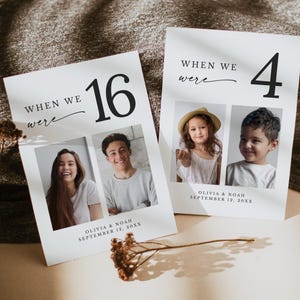 May include: Two white cards with black text and photos. The top card says "WHEN WE were 4" and has photos of a young girl and boy. The bottom card says "WHEN WE were 16" and has photos of a teenage girl and boy. Both cards have the text "OLIVIA & NOAH SEPTEMBER 12, 20XX".