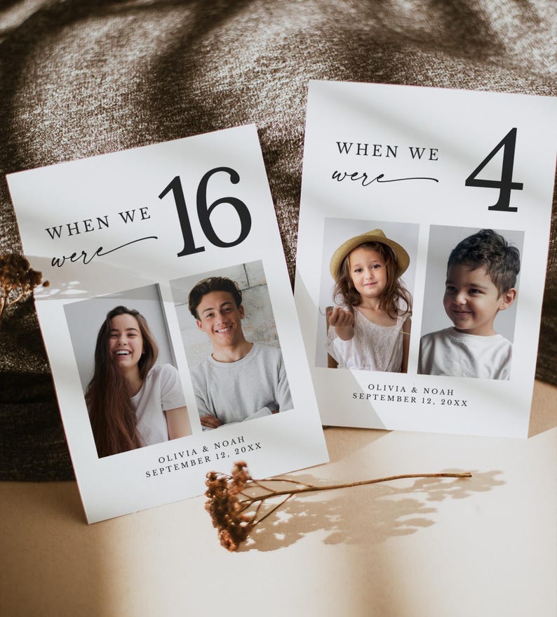 May include: Two white cards with black text and photos. One card reads "WHEN WE were 16" with two photos. The other card reads "WHEN WE were 4" with two photos. Both cards have the names "OLIVIA & NOAH" and the date "SEPTEMBER 12, 20XX".