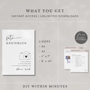 May include: A black and white printable photo guest book template with the text "foto G&auml;stebuch" and instructions for use. The template is available in four sizes: A4, A5, 5" x 7", and 8" x 10".
