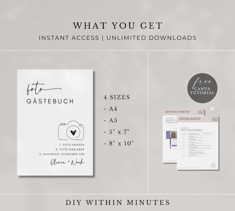 May include: A black and white printable photo guest book template with the text "foto G&auml;stebuch" and instructions for use. The template is available in four sizes: A4, A5, 5" x 7", and 8" x 10".