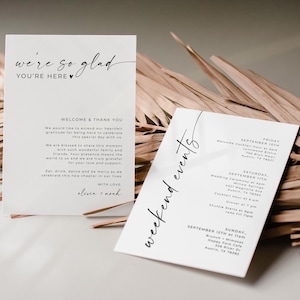 Modèle de carte d'événements de mariage, itinéraire de week-end de mariage minimaliste, programme de mariage, note de sac de bienvenue de mariage, téléchargement canva, 5 x 7, 4 x 6, A6