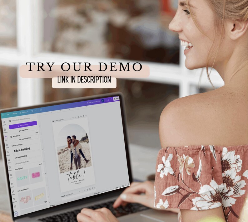May include: A laptop screen displaying a wedding table number template with a photo of a couple on a beach. The text on the template reads "Table 1" with the couple's names below. The text "TRY OUR DEMO" is displayed above the laptop screen with the text "LINK IN DESCRIPTION" below it.