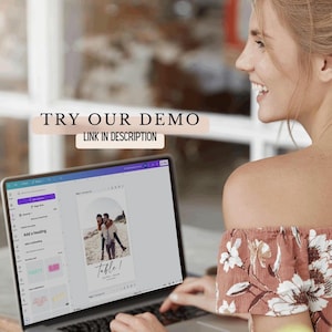 May include: A laptop displaying a wedding invitation template with a photo of a couple on a beach. The screen shows design tools and the text "Table 1". The image also includes the text "TRY OUR DEMO" and "LINK IN DESCRIPTION".