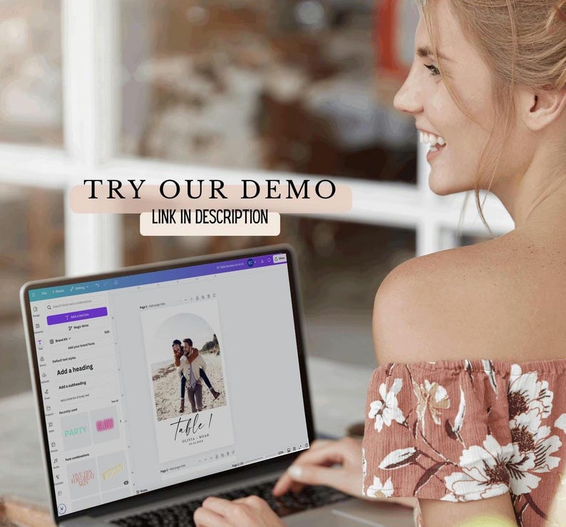 May include: A laptop displaying a wedding invitation template with a photo of a couple on a beach. The screen shows design tools and the text "Table 1". The image also includes the text "TRY OUR DEMO" and "LINK IN DESCRIPTION".