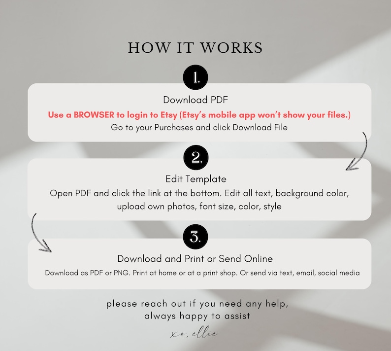 May include: A graphic with the text "HOW IT WORKS" and numbered steps. The steps explain how to download, edit, and print a PDF template. The text also advises using a browser to log into Etsy and offers assistance.