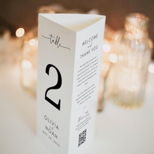 Wedding Trifold Table Number, Minimalist Wedding Table Numbers, Dinner Menu, Tri-fold Thank You Card, Triangle Table Stand, Canva Template image 2