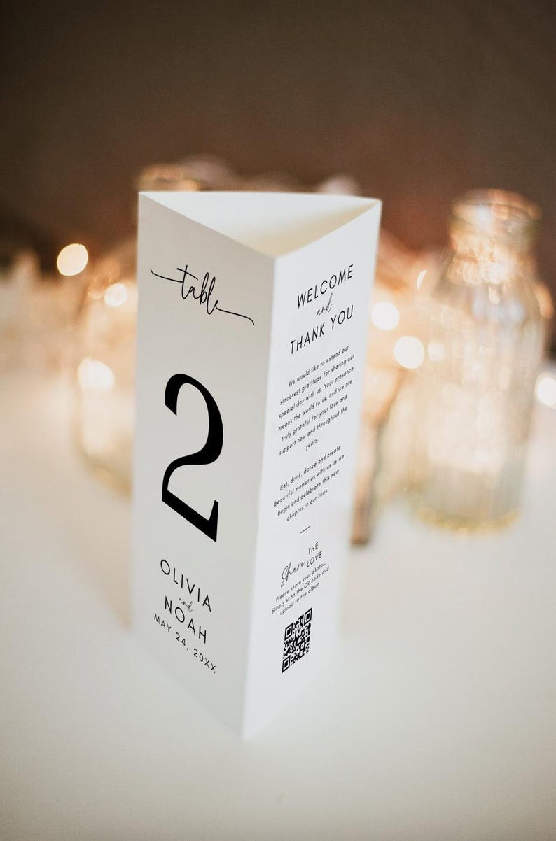 Wedding Trifold Table Number, Minimalist Wedding Table Numbers, Dinner Menu, Tri-fold Thank You Card, Triangle Table Stand, Canva Template image 2