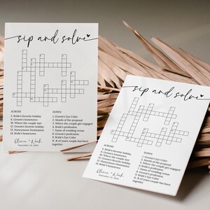 K&ouml;nnte beinhalten: Zwei druckbare Hochzeits-Kreuzwortr&auml;tsel mit dem Titel "Sip and Solve" und dem Text "Olivia & Noah" und dem Datum "September 24, 20xx".