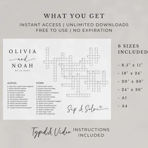Wedding Crossword Sip And Solve Puzzle, DIY Giant Puzzle Custom Crossword Template, Wedding Guest Games, Canva Editable, 6 sizes image 7