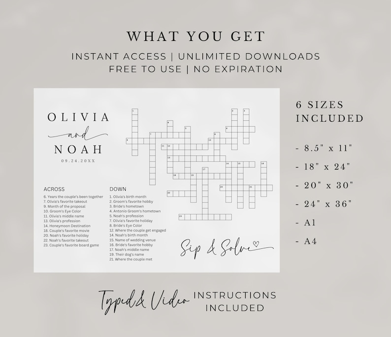 Wedding Crossword Sip And Solve Puzzle, DIY Giant Puzzle Custom Crossword Template, Wedding Guest Games, Canva Editable, 6 sizes image 7