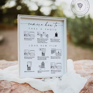 May include: A white framed sign featuring black instructional text and diagrams for using an instant camera. The sign includes sections titled camera how to take a photo and load new film, with numbered steps and illustrations for operating the device.
