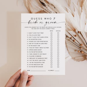 Gioco Indovina chi è la sposa o lo sposo, Gioco per la festa nuziale Tempalte, Gioco stampabile per la sposa o lo sposo, Chi conosce meglio la coppia, Gioco per la festa di fidanzamento