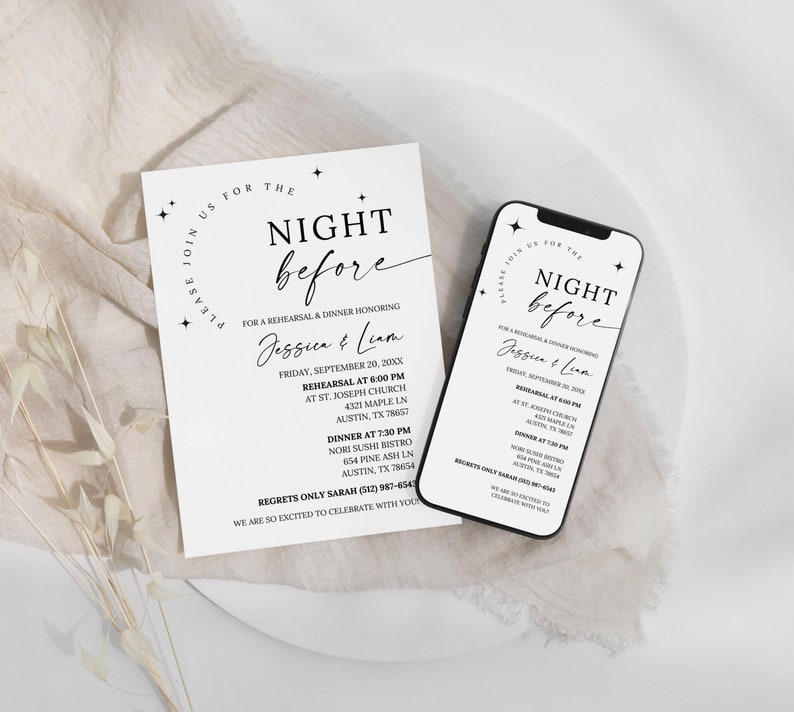 May include: Black and white invitation for a rehearsal dinner for Jessica and Liam. The invitation includes the date, time, and location of the rehearsal and dinner. The invitation also includes a phone number for regrets only.