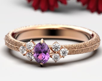 Purple Pink Sapphire  and Diamond Engagement Ring in 18k or 14k solid Gold, nature-inspired ring, custom made promise ring made in Italy