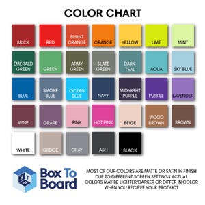 May include: A color chart featuring thirty-five labeled rectangular swatches in various hues including brick, red, orange, yellow, lime, mint, emerald, green, army, slate, teal, aqua, sky blue, blue, smoke, ocean, navy, purple, wine, grape, pink, beige, brown, white, gray, and black.
