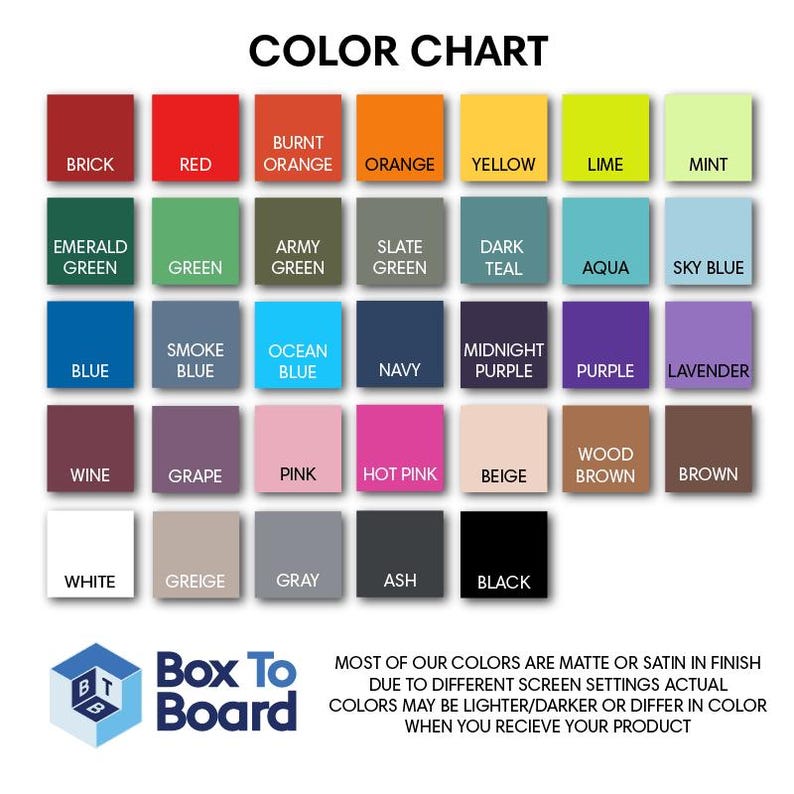 May include: A color chart featuring thirty-five labeled rectangular swatches in various hues including brick, red, orange, yellow, lime, mint, emerald, green, army, slate, teal, aqua, sky blue, blue, smoke, ocean, navy, purple, wine, grape, pink, beige, brown, white, gray, and black.