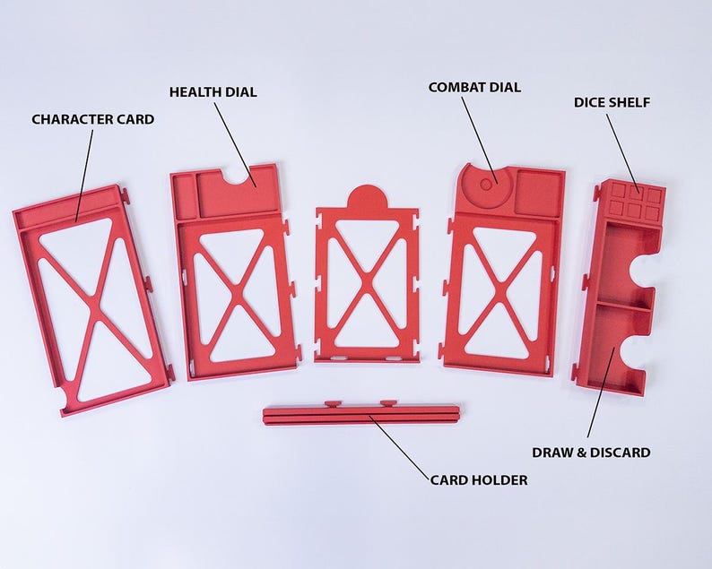 May include: A set of red plastic gaming components including a character card frame, a health dial, a combat dial, a dice shelf, a draw and discard tray, and a card holder. Each piece features labeled text indicating its specific function.