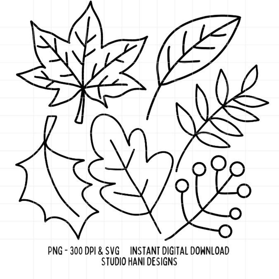 Autumn Leaves SVG PNG Bundle Doodle Fall Black and White Outline ...