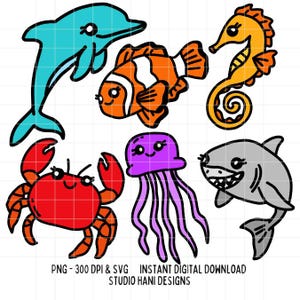 Bonitos Criaturas Marinhas SVG PNG Bundle Doodle Sob o Tema do Mar Festa Cavalo-marinho Peixe-palhaço Tubarão Golfinho Arquivo de Corte Silhueta Cricut Digital