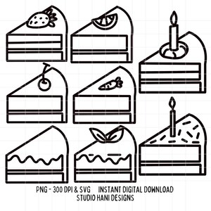 Kuchen SVG PNG Bundle Scheiben Karotte Zitrone Erdbeere Geburtstag Cut Datei Cricut Silhouette schwarz und weiß Umriss handgezeichnet digitaler Download