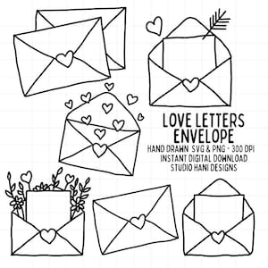 Paquete de cartas de amor con sobres SVG PNG, San Valentín, garabatos dibujados a mano, contorno en blanco y negro, imágenes prediseñadas, archivo de corte, grabado láser, comercial, digital