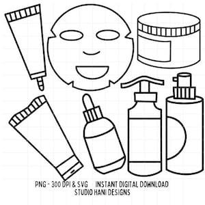 Self Care Skincare SVG PNG Bundle Outline Black and White Bottles Cream Cut File Cricut Silhouette Commercial Use Digital Download