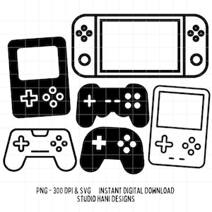 Gamer SVG PNG Bundle Console de jeu contour noir et blanc Doodle fichier coupe Cricut Silhouette jeu vidéo usage Commercial téléchargement numérique