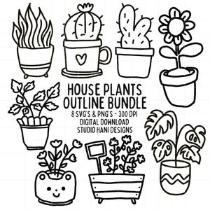 Plantas de la casa SVG PNG Paquete Doodle Planta Lindo Cactus Flor Maceta Negro Blanco Contorno Clipart Corte Archivo Uso Comercial Grabado Láser Digital