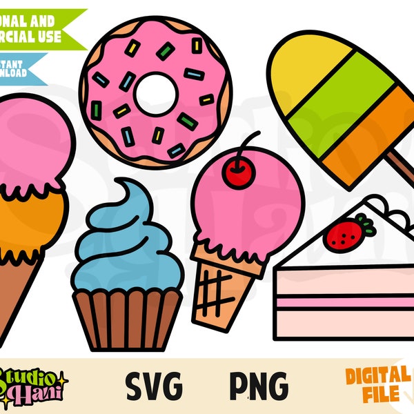 Dessert SVG PNG Ice Cream Cake Slice Popsicle Donut Trendy Designs Cut File Clipart for T shirts Tote Bags Stickers Sweatshirts Mugs Tumbler