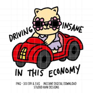Conduire de la folie dans cette économie, SVG de chat, PNG de chat, voiture de promenade de chat, chat drôle, amoureux des chats, santé mentale, griffonnage, autocollant, fichier de coupe, numérique