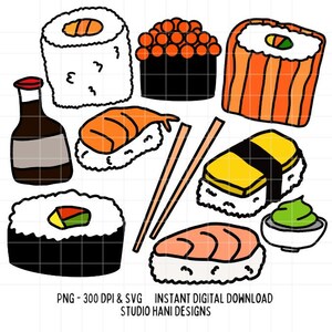 Sushi SVG PNG Bundle Clipart Illustrations Japanese Food Wasabi Roll Cut File for Silhouette Cricut Sashimi California Maki Nigiri Digital