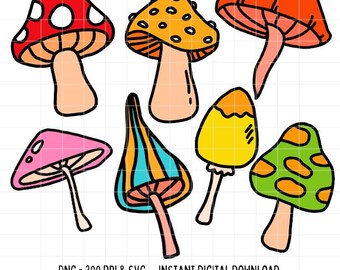 Retro Mushroom Bundle SVG PNG Whimsical Magical Mushrooms Illustration Groovy Digital Drawn Cut File for Silhouette Cricut Digital