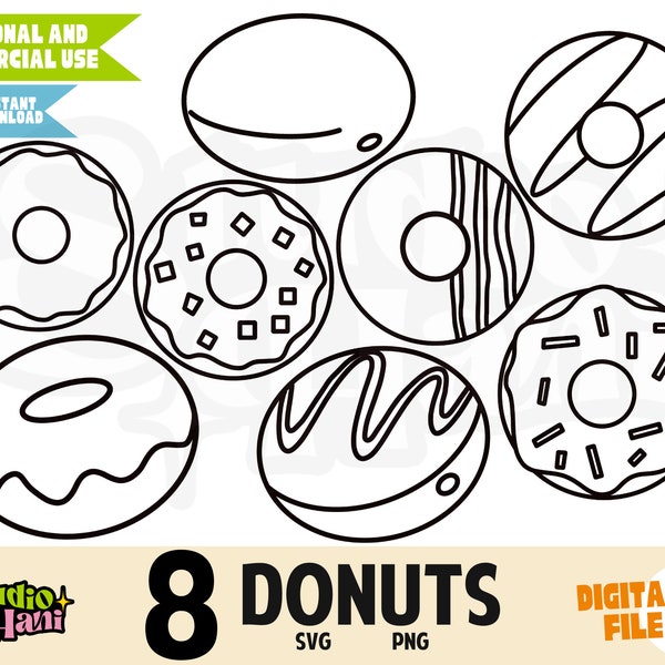 Donut SVG PNG Outline Black and White Dessert Cricut Silhouette Cut File Sweet Glaze Drizzled Chocolate Donuts Sprinkles for T shirts Tote