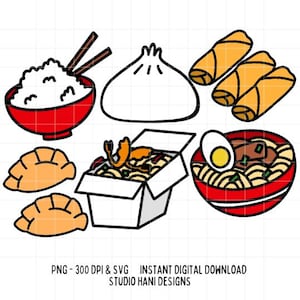 Comida chinesa SVG PNG Takeaway Box Bao Buns Rolinho primavera Bolinhos Arroz Arquivo de corte Clipart Cricut Design moderno Adesivos para camisetas Digitais