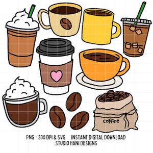 Caffè SVG PNG Doodles Frappe Espresso Caffè Freddo Trendy Beans Tazza File di Taglio per Silhouette Cricut Uso Commerciale Bevanda Barista Digitale