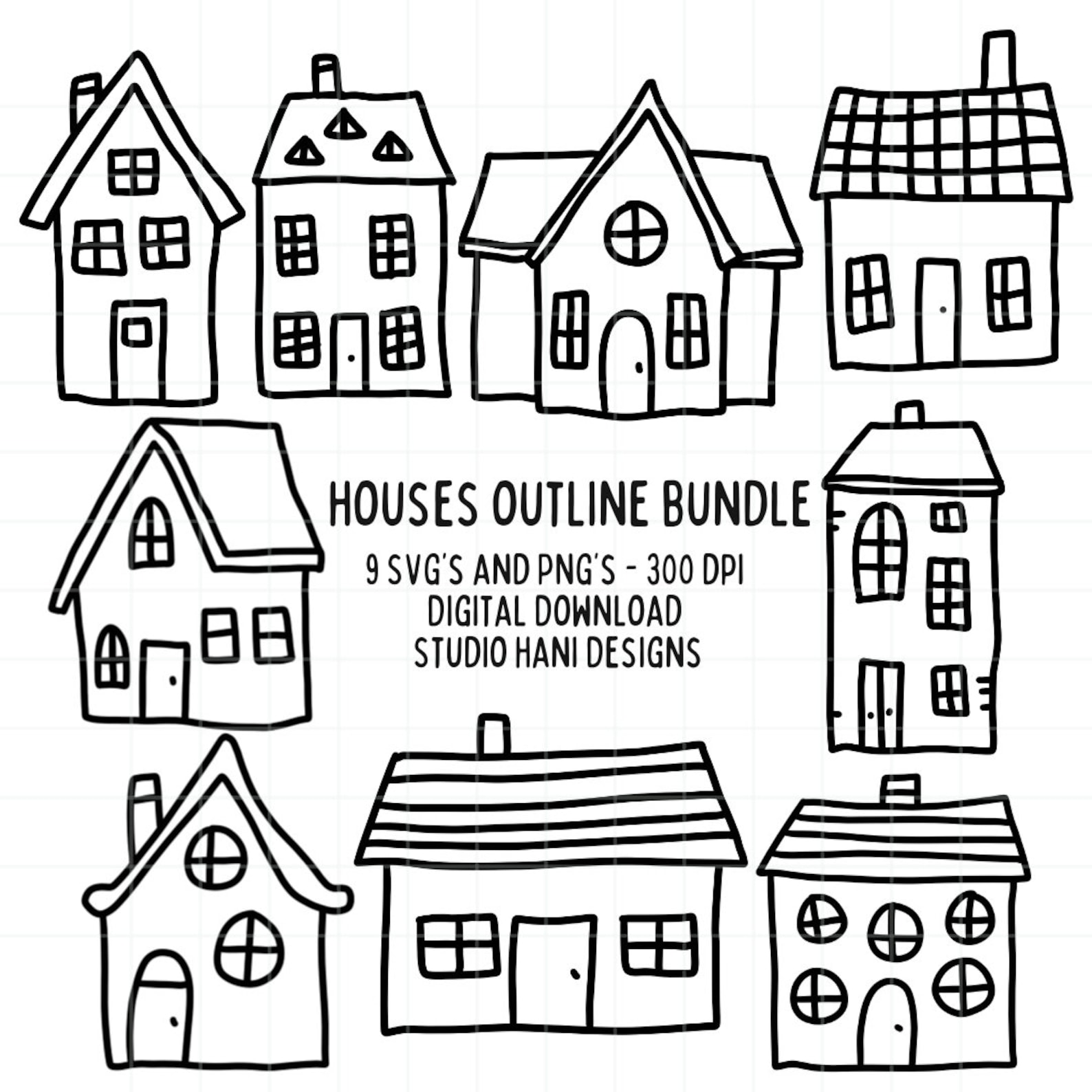 House SVG PNG Bundle Cute Vintage Houses Chimney Doodle Black and White ...