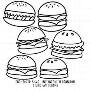 Burger SVG PNG Burger Schnittdatei Schwarzweiß Umriss Fast Food Cheeseburger Speck Huhn Rind Cricut Silhouette Doodle Digital