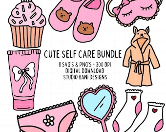 Op de afbeelding: Een set van acht digitale illustraties voor zelfzorg, waaronder een cupcake, een tube lotion, een paar slippers, een slaapmasker, een badjas, een paar sokken, een hartvormige spiegel en een paar ondergoed. De illustraties zijn in cartoon-stijl en hebben roze, blauwe en witte kleuren.