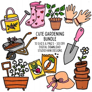 Süße Gartenarbeit Bundle SVG PNG Klassisch Farbige Stiefel Handschuhe Töpfe Bundle Doodle Clipart Cut Datei Silhouette Kommerzielle Nutzung Digitaler Download