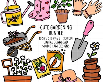 Söt trädgårdsskötsel bunt SVG PNG klassiska färgade stövlar handskar krukor bunt Doodle Clipart klippfil silhuett kommersiell användning digital nedladdning