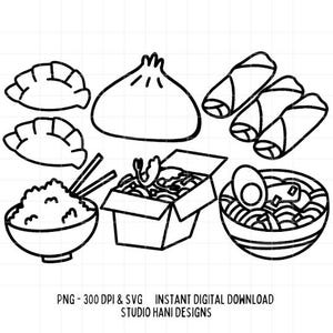 Pacchetto SVG PNG cibo cinese scatola da asporto panini bao involtini primavera gnocchi riso contorno bianco e nero file di taglio clipart cricut digitale
