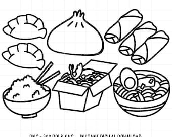 Chinese Food SVG PNG Bundle Takeaway Box Bao Buns Spring Roll Dumpling Rice Outline Black and White Cut File Clipart Cricut Digital
