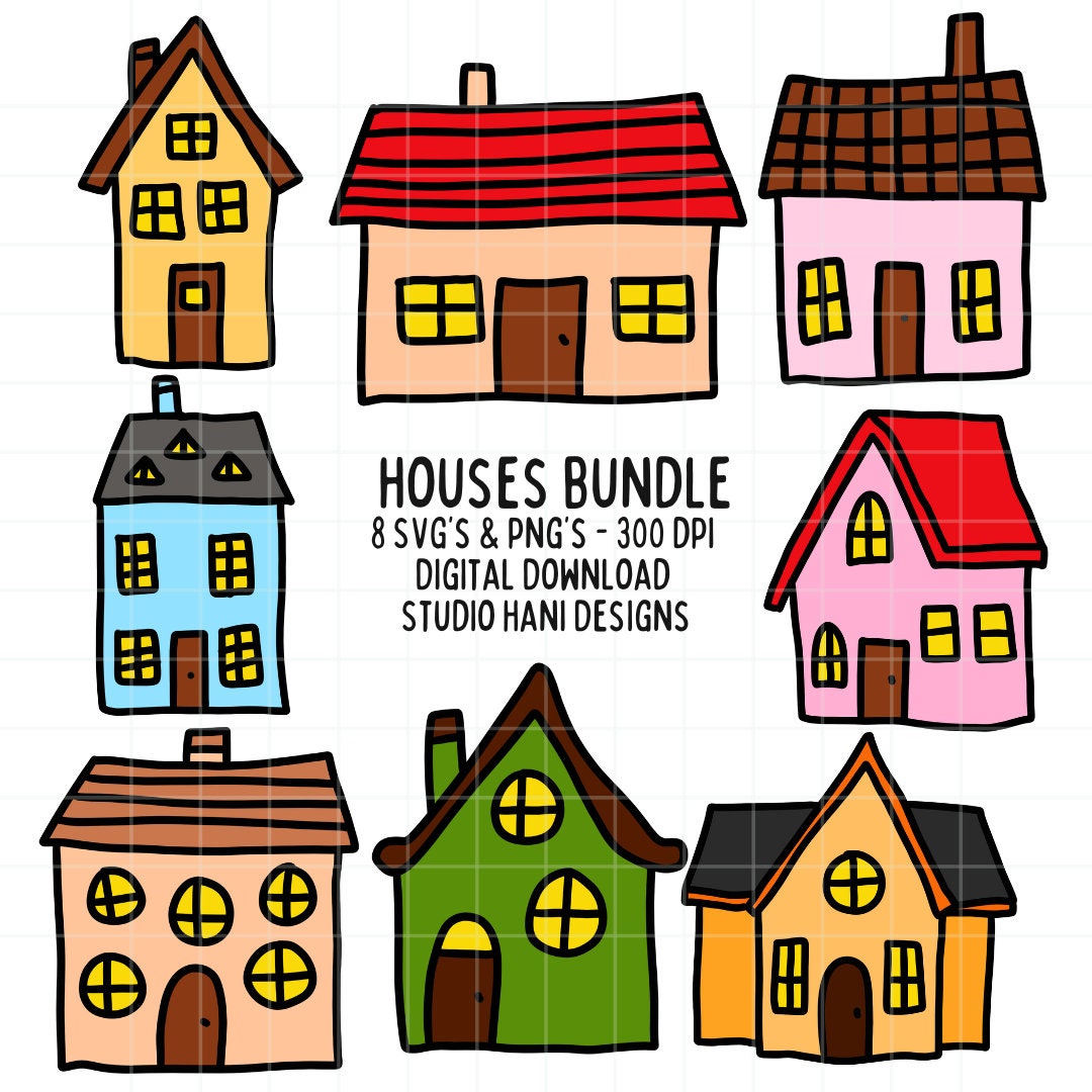 House SVG PNG Bundle Cute Vintage Houses Chimney Doodle Roof Chimney ...