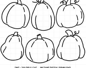 Pumpkin SVG PNG Bundle Doodle Autumn Fall Halloween Black and White Outline Clipart Cut File Silhouette Cricut Commercial Use Digital