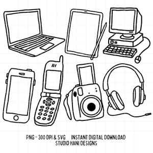 May include: A set of black and white line drawings of various electronic devices, including a laptop, tablet, desktop computer, cell phone, camera, and headphones.