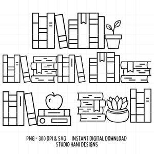 Books SVG PNG Bundle Book Stacks Shelf Shelves Plants Desk Cut File Black and White Silhouette Cricut Outline Digital Download Commercial