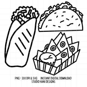 Mexican Food SVG PNG Bundle Tacos Nacho Burrito Outline Black and White Cut File Clipart Trendy Design Digital Download Commercial